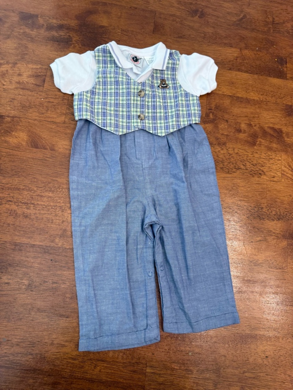 Vtg Good Lad Baby Boy Plaid Vest Romper Longall 6-9 months Blue Green Chambray